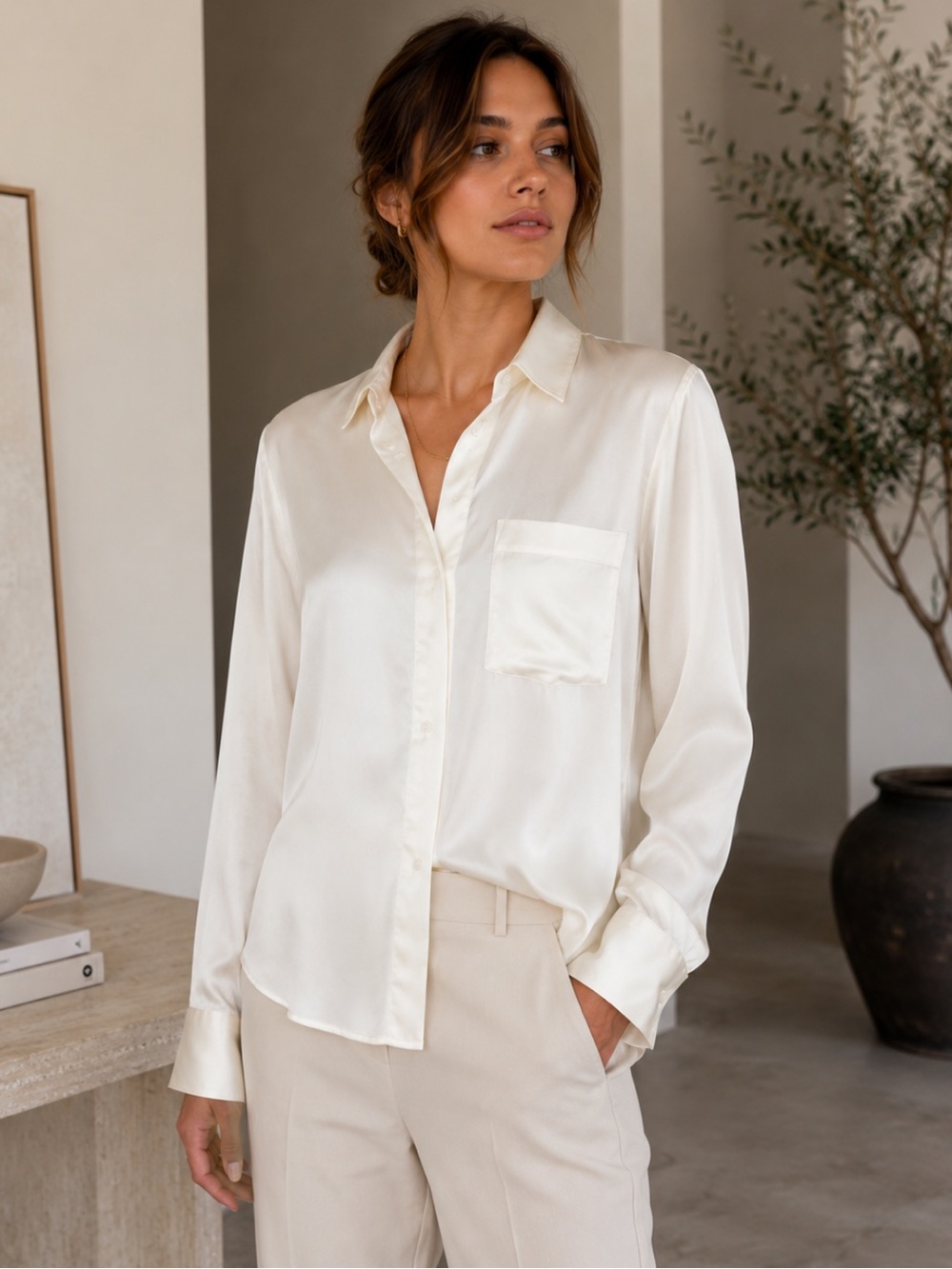 Flannel Australia Blouse Button Down in Silk Cream Ivory